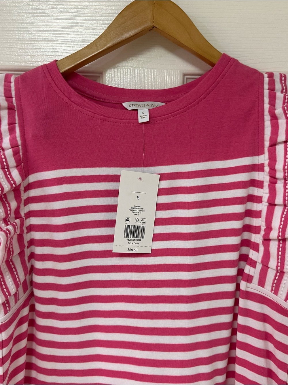 NWT Crown & Ivy Pink White Stripe Ruffle Sleeve Dress Size S